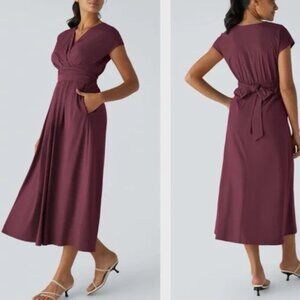Halara Dress 2X Maroon Breezeful Midi Tie-Back Short Sleeve V-Neck Dress NWT